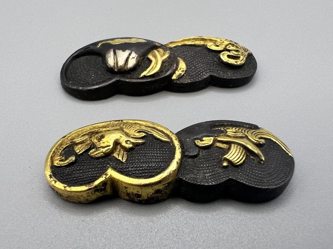 【海】江戸明治金工　鳳凰山水図　金目　手彫　目貫　４点　金銀象嵌　骨董品　元箱付