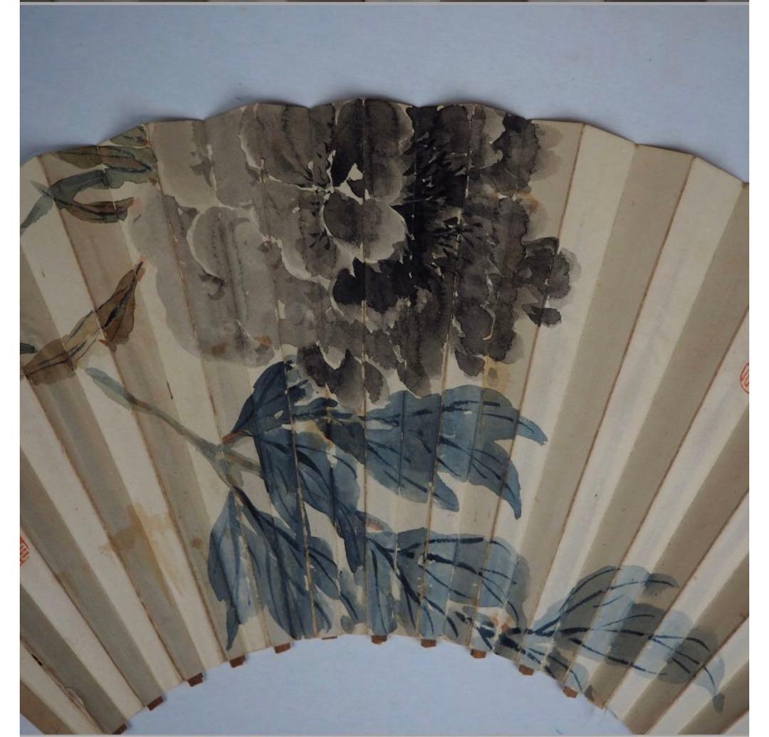 送料無料　清時代　『華石』在銘　漢詩文牡丹図・古扇面　紙本肉筆　中国古玩骨董