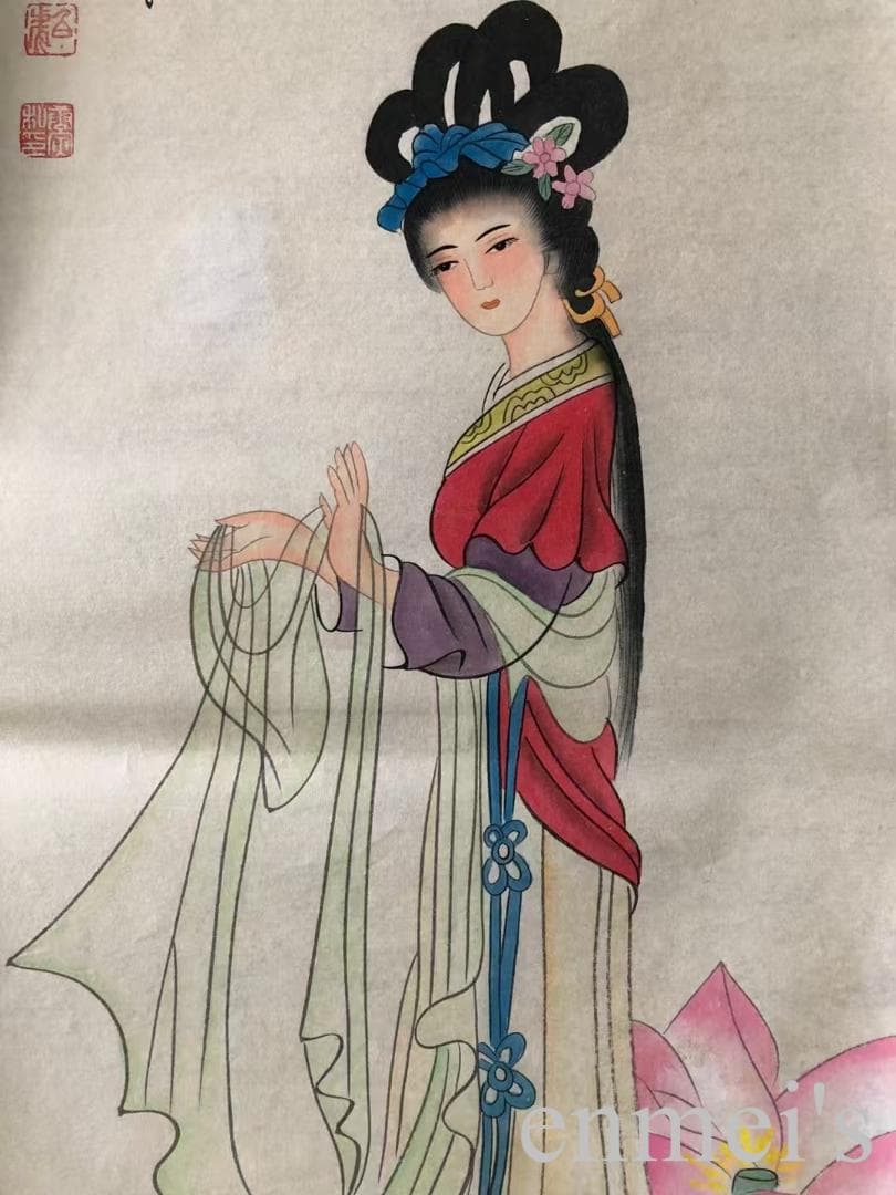 中国古美術・仕女人物四条屏画芯・唐寅印款・水墨彩色画・純手描き・文房置物・宣紙・