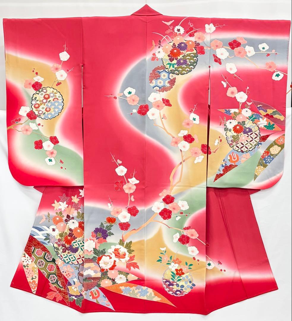 七五三着物　7才　女児　四つ身　雪輪に花々／ピンク系《子供490》#江戸小もーん