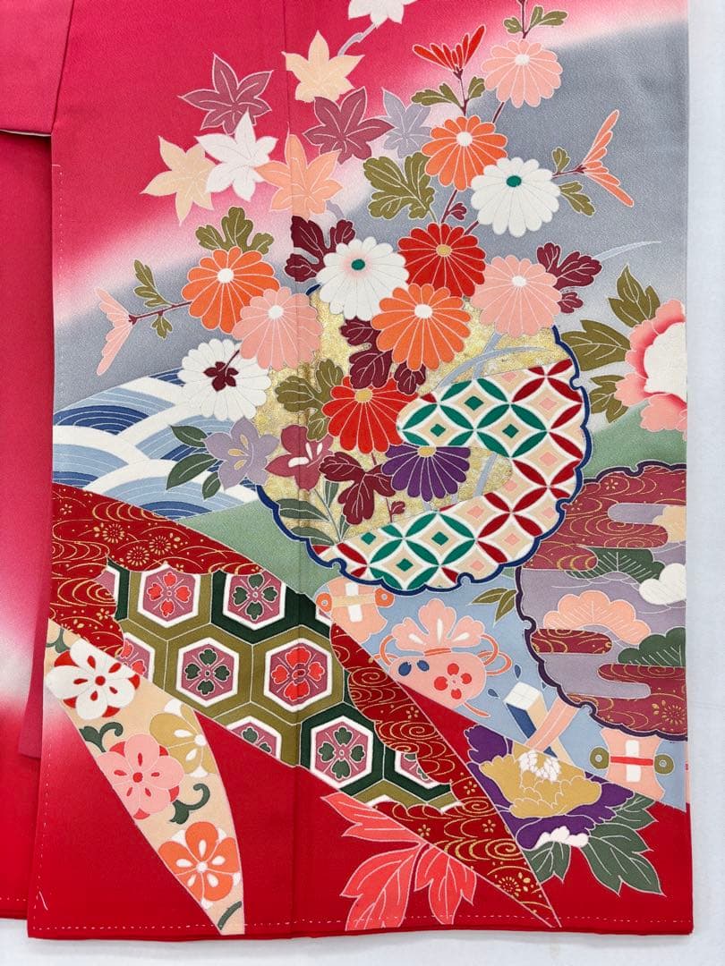 七五三着物　7才　女児　四つ身　雪輪に花々／ピンク系《子供490》#江戸小もーん