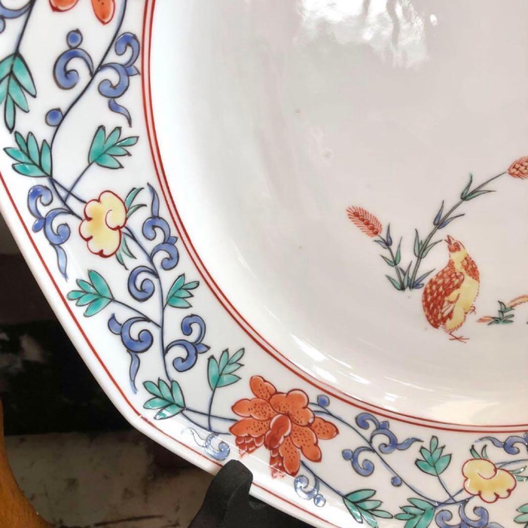 【木箱付き】 柿右衛門 色絵竹梅鶉　十角皿