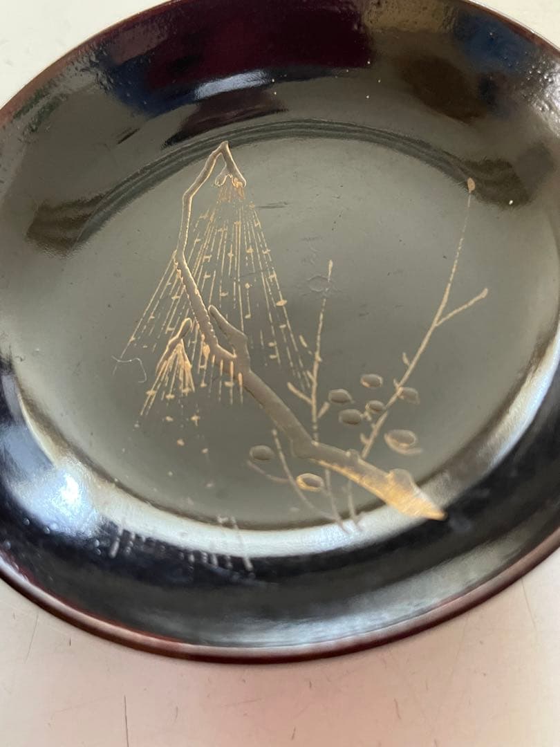 時代 漆塗木製 筋目金蒔絵 網干花木 小椀 9客セット 共箱 漆器 懐石道具