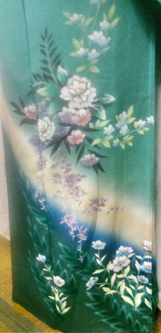 付け下げ、訪問着ブルーグリーン色、花柄入、身丈175cm