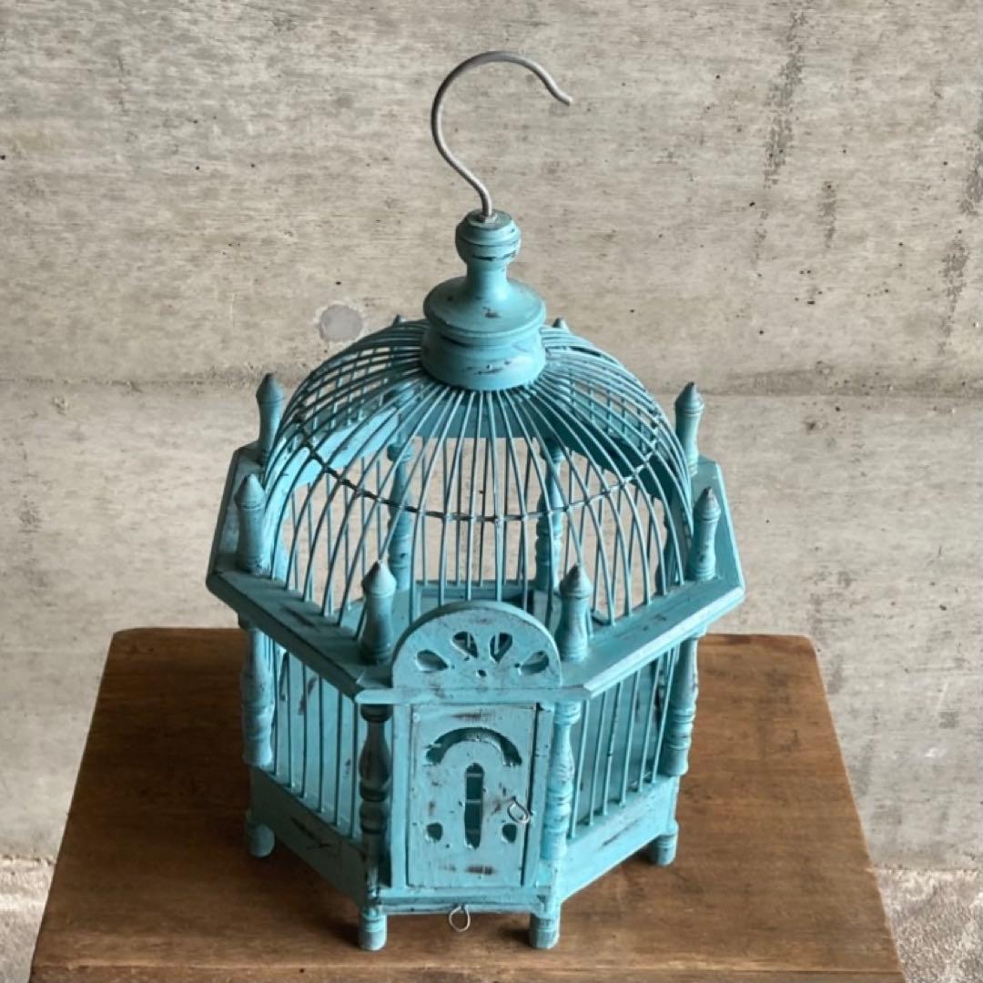 鳥籠 バードゲージ カゴ 小鳥 置物 吊り下げ 水色 青 シャビー レトロ
