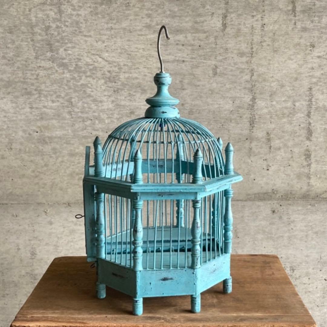 鳥籠 バードゲージ カゴ 小鳥 置物 吊り下げ 水色 青 シャビー レトロ