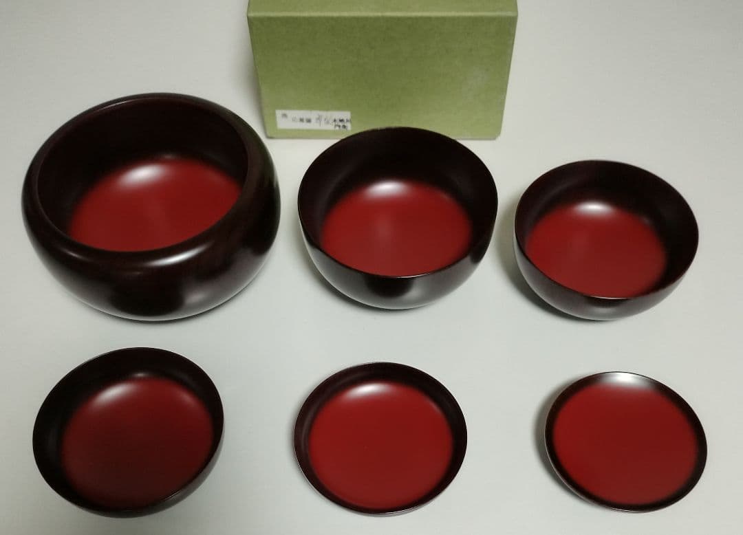 山中漆器　たに屋　木地呂内朱　ぼかし塗　応量器　1客　レアもの