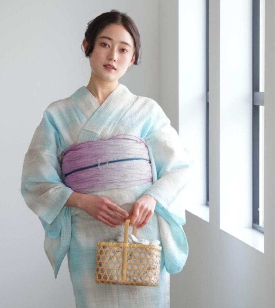 【新品】浴衣　セット 近江ちぢみ 水色　麻100%　日本製　高級浴衣