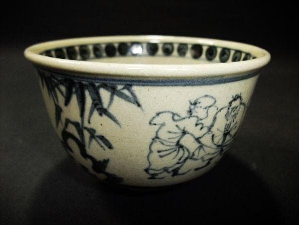 安南写七福人絵 膳所焼 陽炎園「岩崎新定」造 染付 茶碗