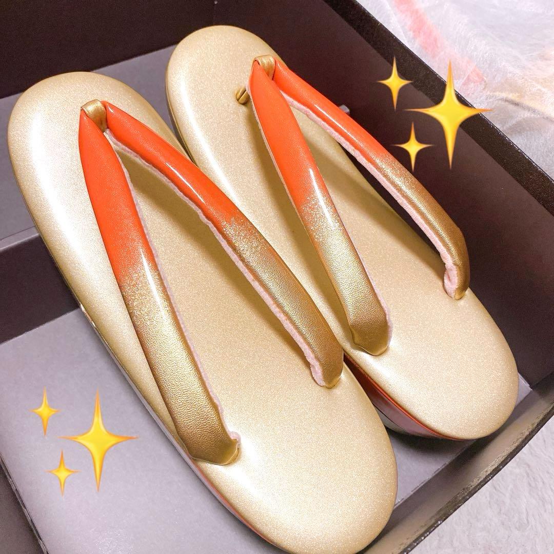 草履　バック　2点まとめてセット　ゴールド　オレンジ　箱付き　艶　光沢　着物