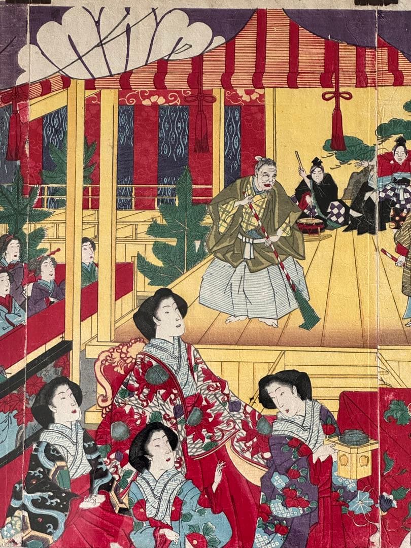 楊州周延　【紅葉館舞台之図】　明治十年　彩色木版刷　３枚続揃　明治天皇　浮世絵
