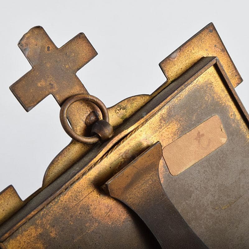 キリスト教　陶器製　聖像画　イコン　聖母子　銅製フレーム　M　R9408