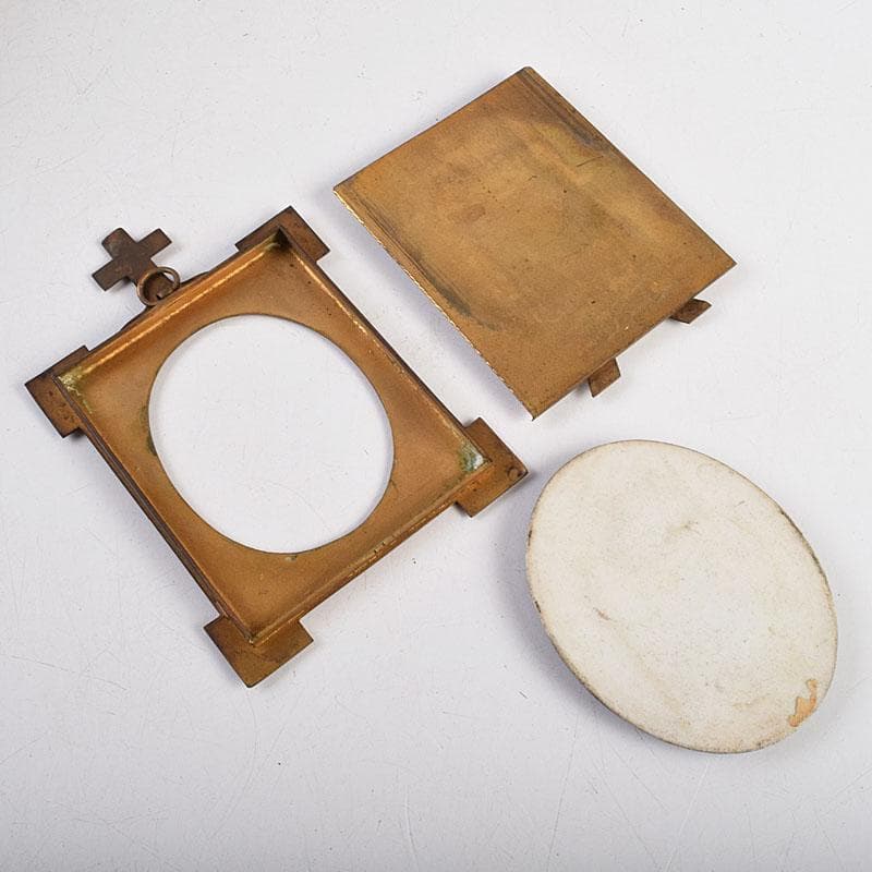 キリスト教　陶器製　聖像画　イコン　聖母子　銅製フレーム　M　R9408