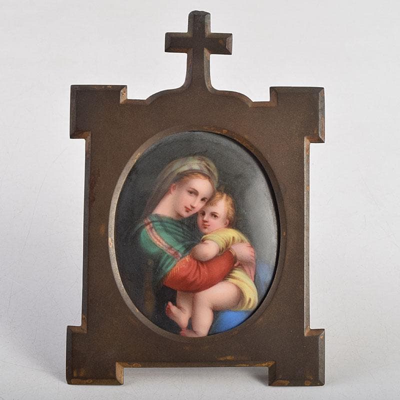 キリスト教　陶器製　聖像画　イコン　聖母子　銅製フレーム　M　R9408
