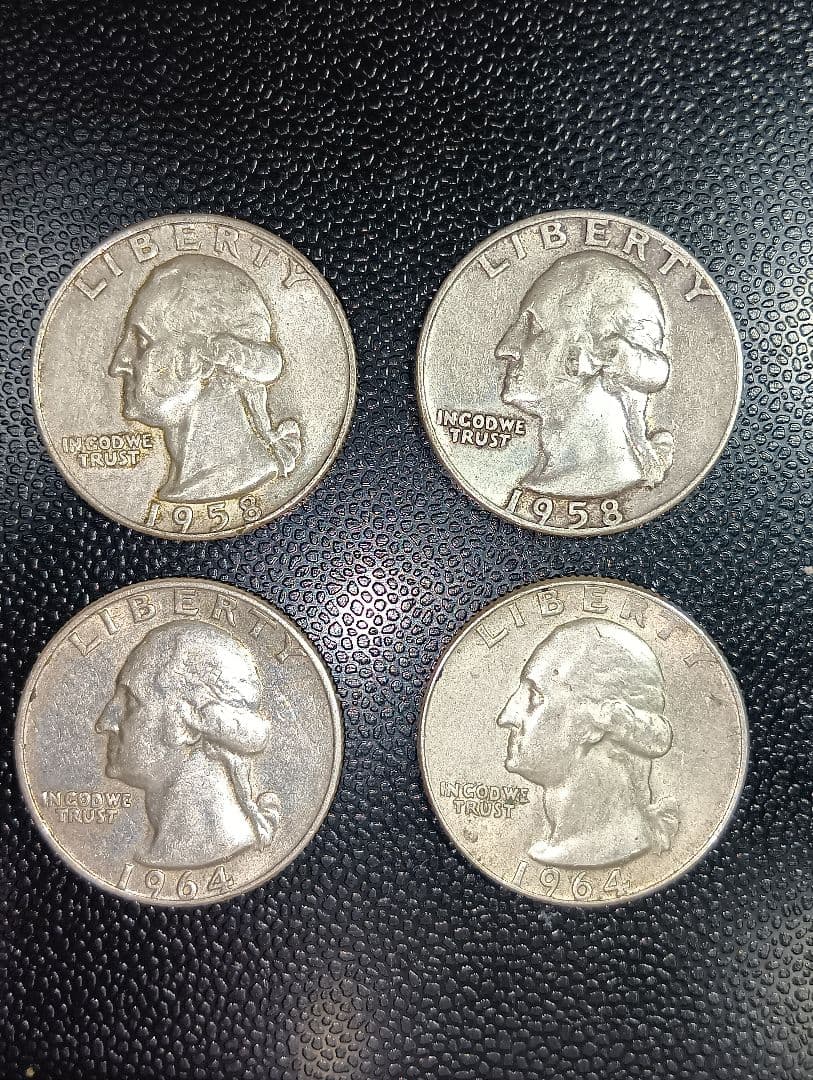 1958年、1964年 アメリカ合衆国25セント銀貨４枚