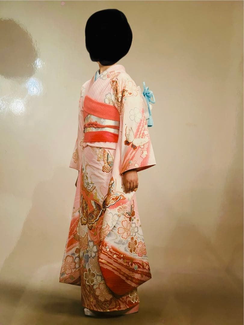 正絹　振袖 ピンク 赤 蝶 花模様 一式