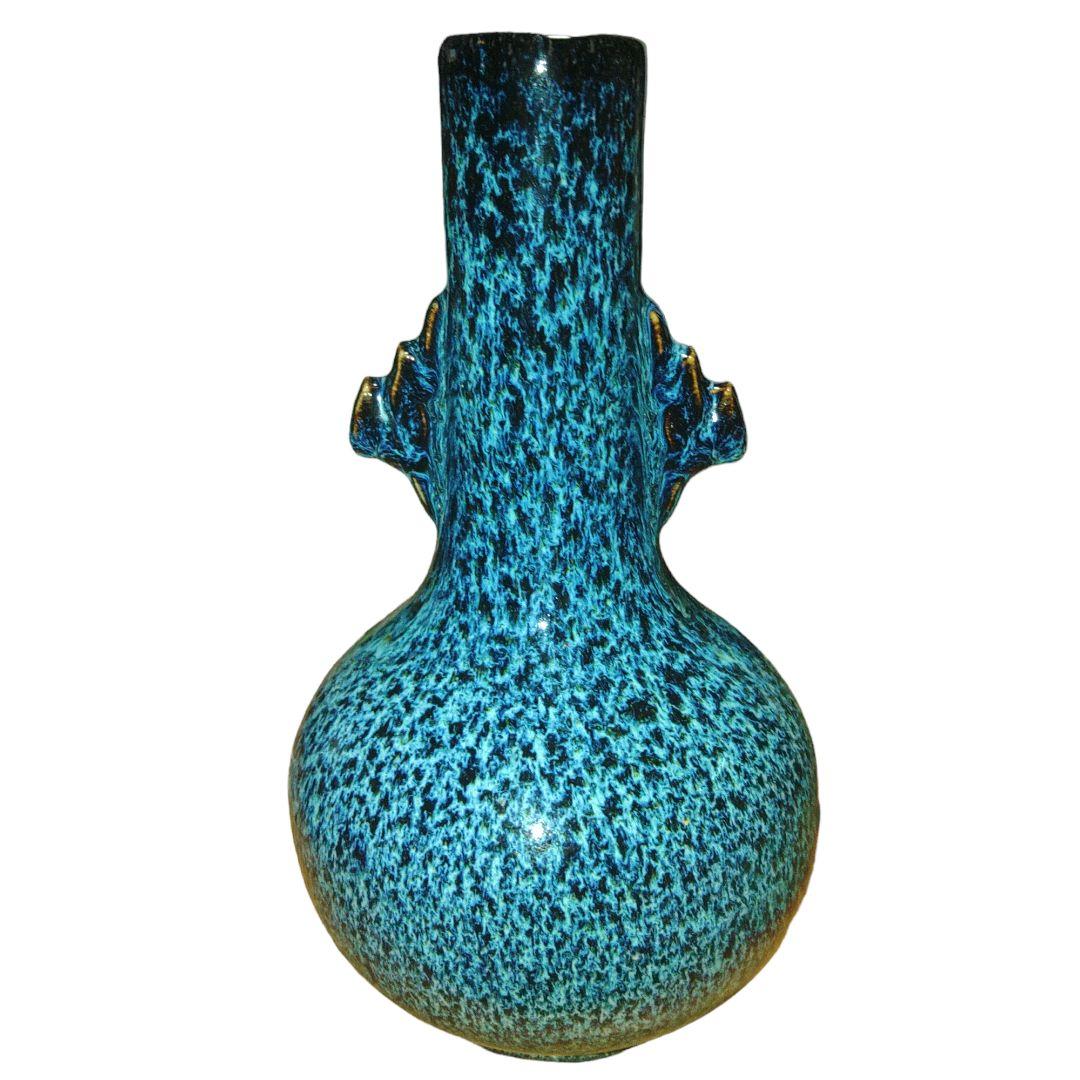 中国古玩　海鼠釉双耳長頚瓶　高さ25cm