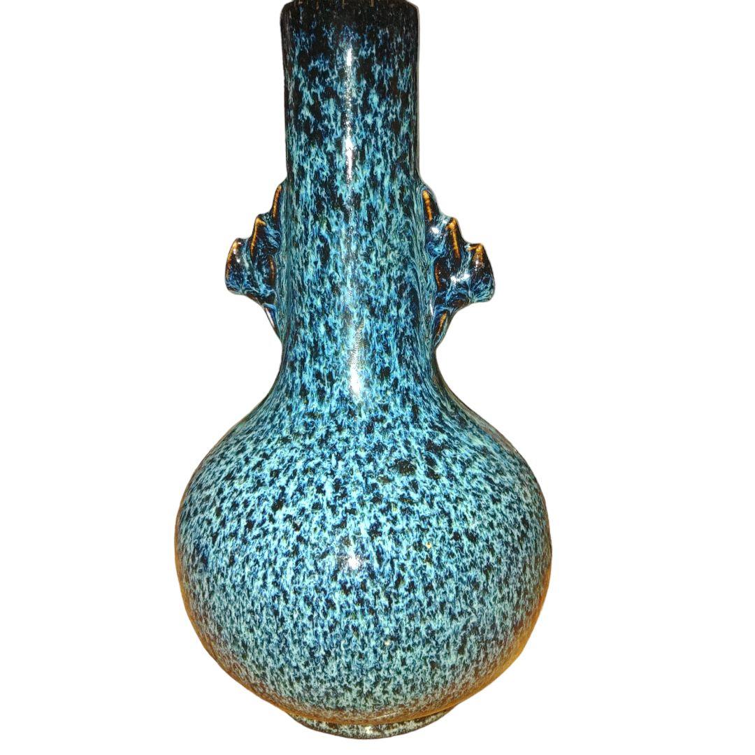 中国古玩　海鼠釉双耳長頚瓶　高さ25cm