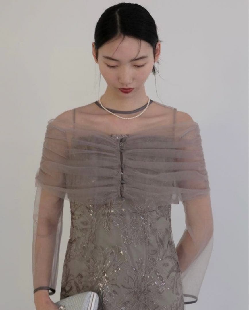 チュールオフショルダー花柄Iラインワンピースドレス結婚式パーティー成人式二次会