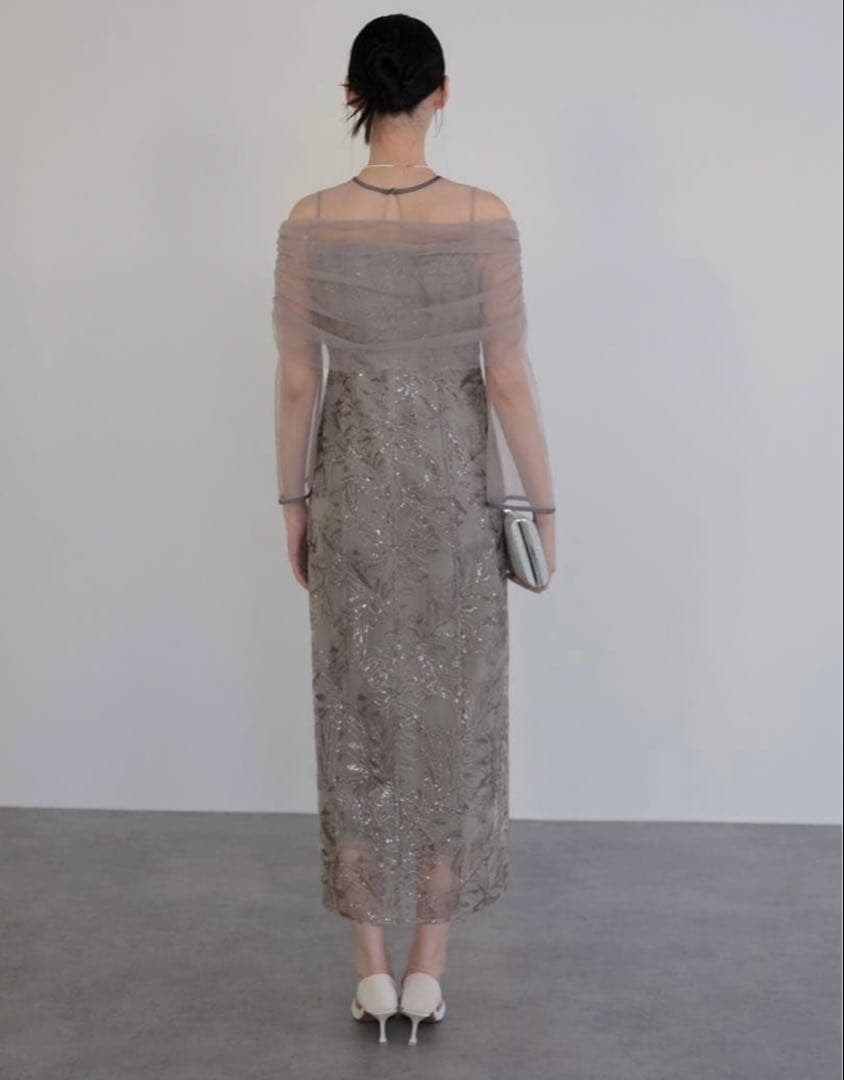 チュールオフショルダー花柄Iラインワンピースドレス結婚式パーティー成人式二次会