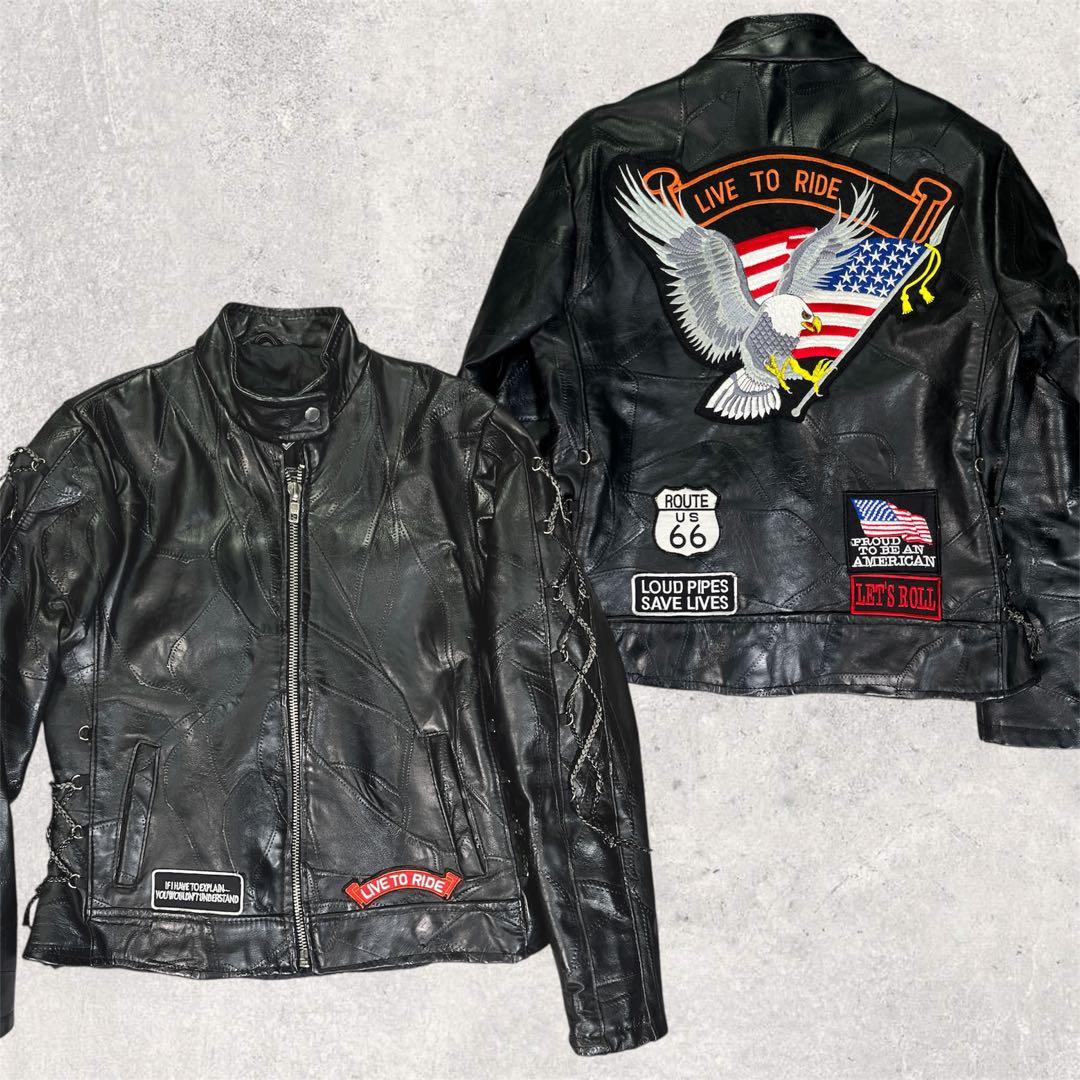 バッファロー レザー ライダースジャケット つぎはぎ 黒 ワッペン　イーグル