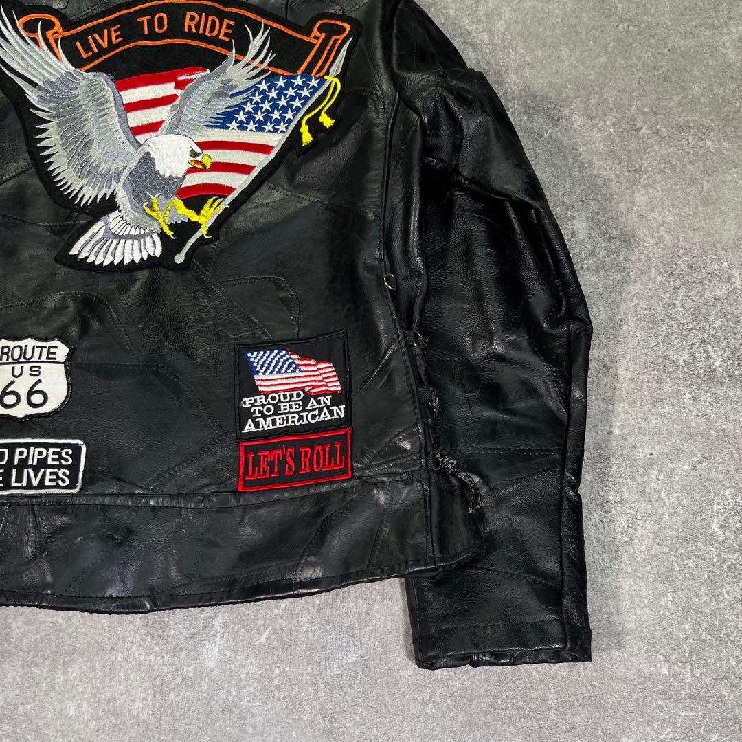 バッファロー レザー ライダースジャケット つぎはぎ 黒 ワッペン　イーグル