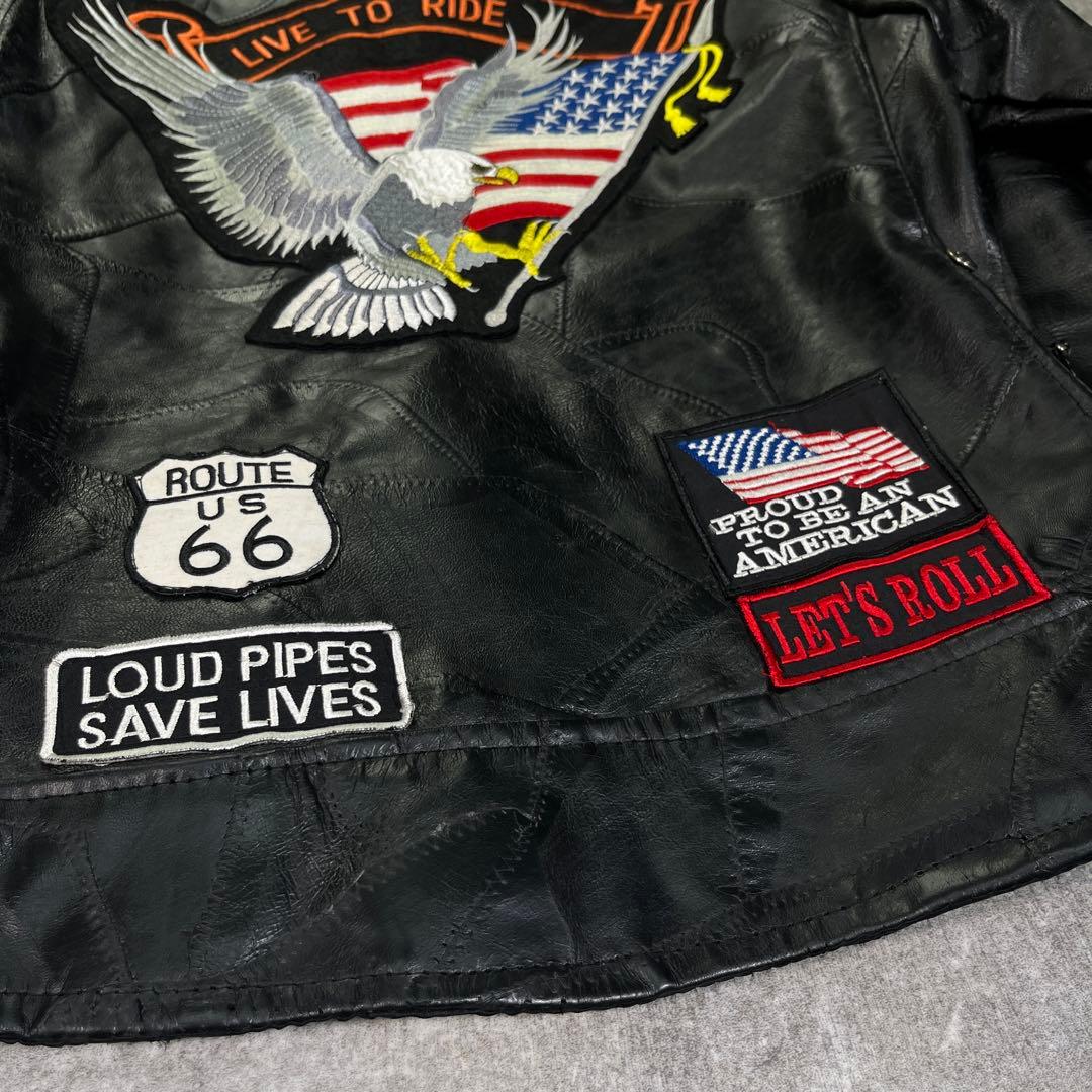バッファロー レザー ライダースジャケット つぎはぎ 黒 ワッペン　イーグル