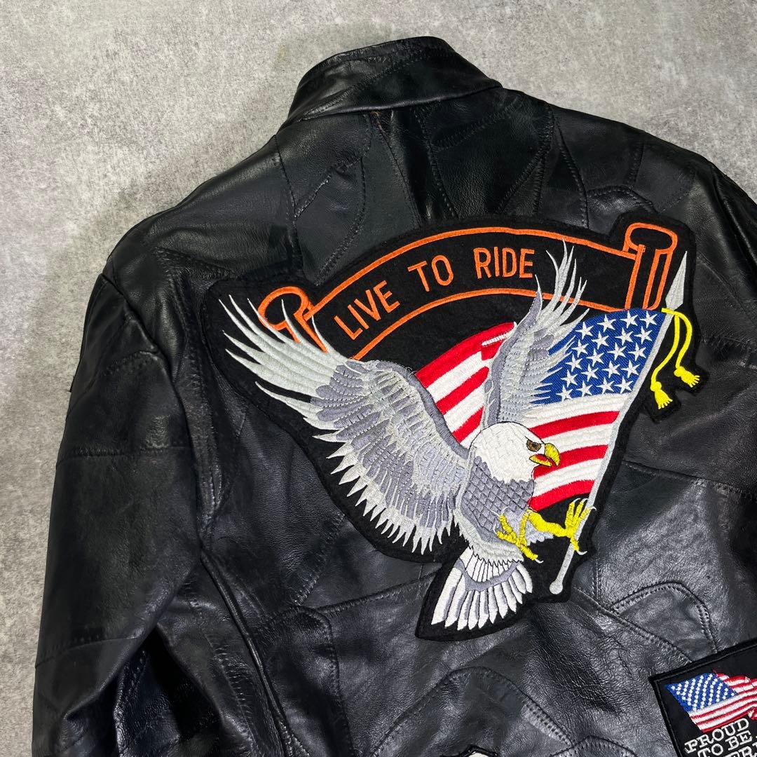 バッファロー レザー ライダースジャケット つぎはぎ 黒 ワッペン　イーグル