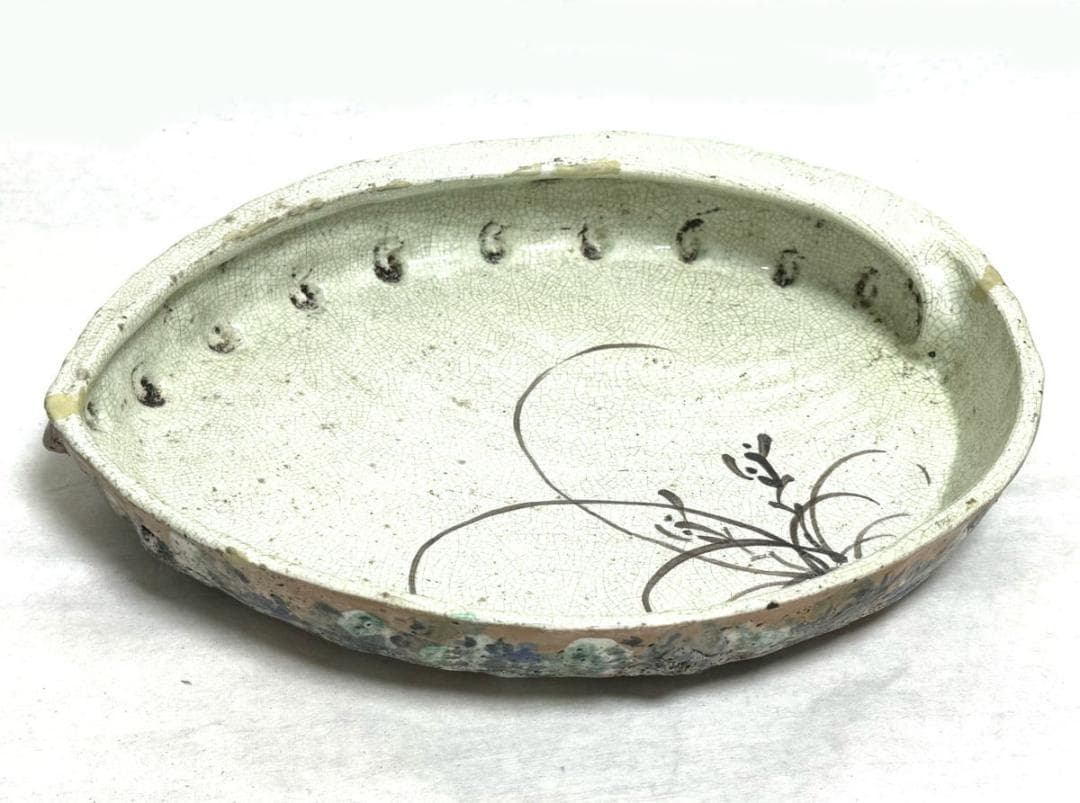 古美術 大振り鮑貝形水盤 花器 華道具 ウブ品 日本古玩 伝世品焼WWTT127