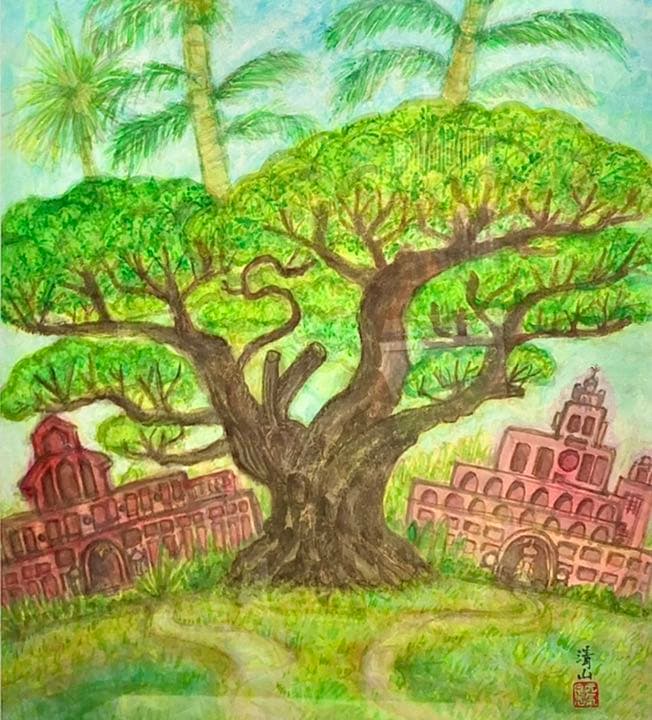 南国大樹桃色邸庭図