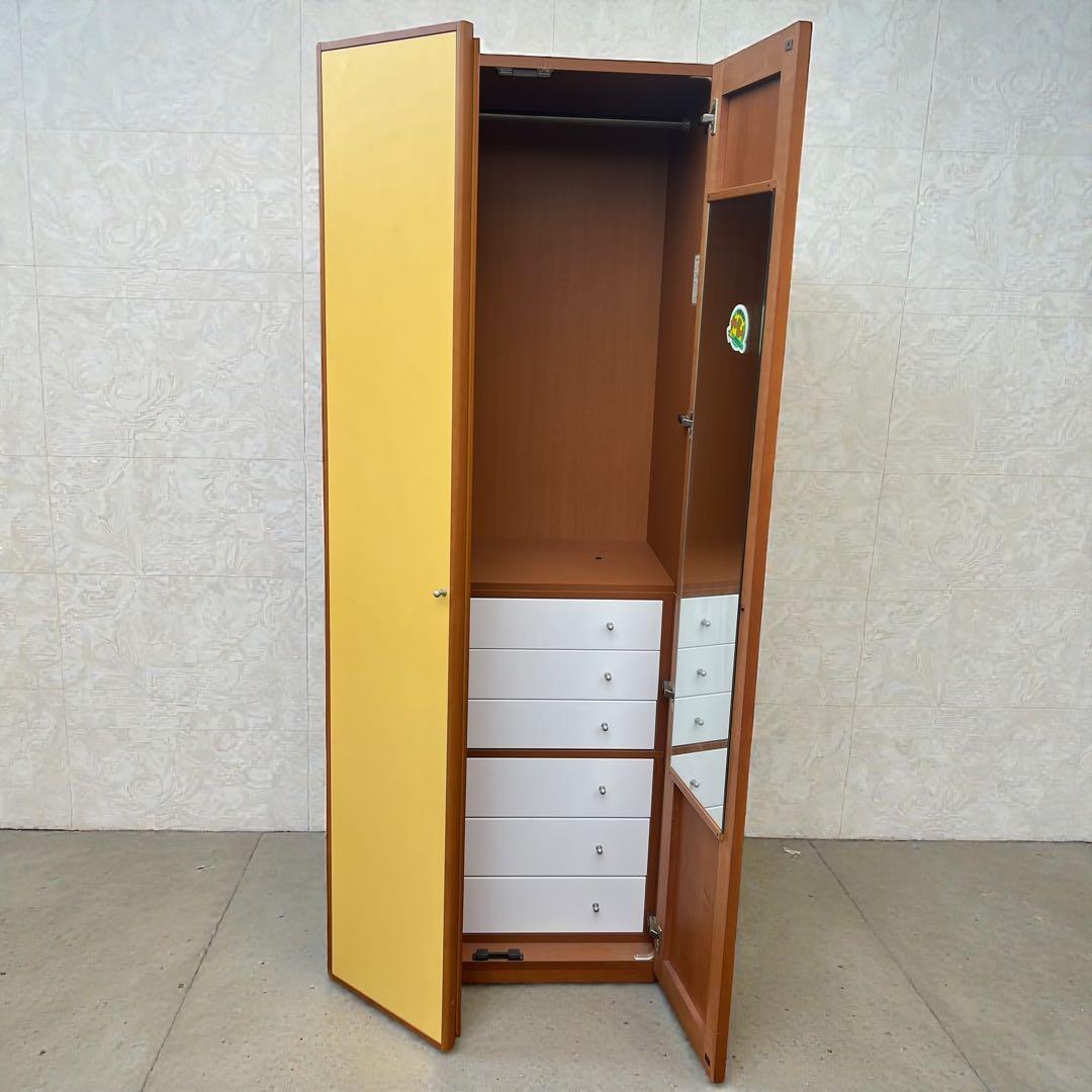 引き取り限定✨大型ワードローブ 鏡付き 6段チェスト ナチュラル木目 洋服タンス