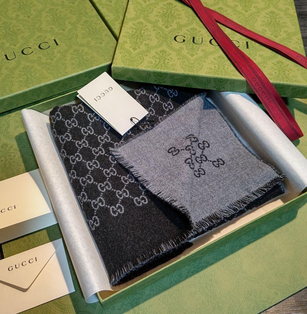 ❤新品箱袋付❤GUCCI マフラー ストール ショール スカーフ❤黒&グレー❤