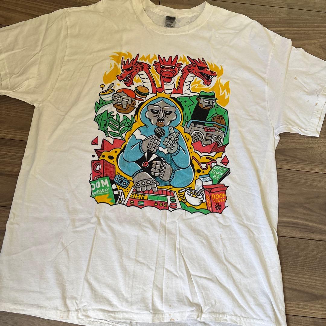 MFDOOMプリントTシャツホワイトビンテージラップ T HIPHOPXLサイズ
