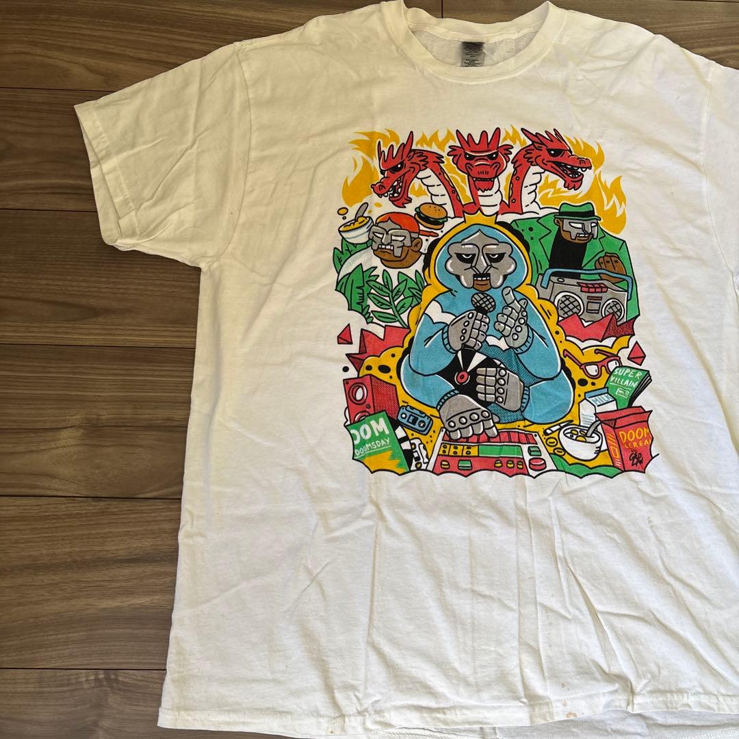 MFDOOMプリントTシャツホワイトビンテージラップ T HIPHOPXLサイズ