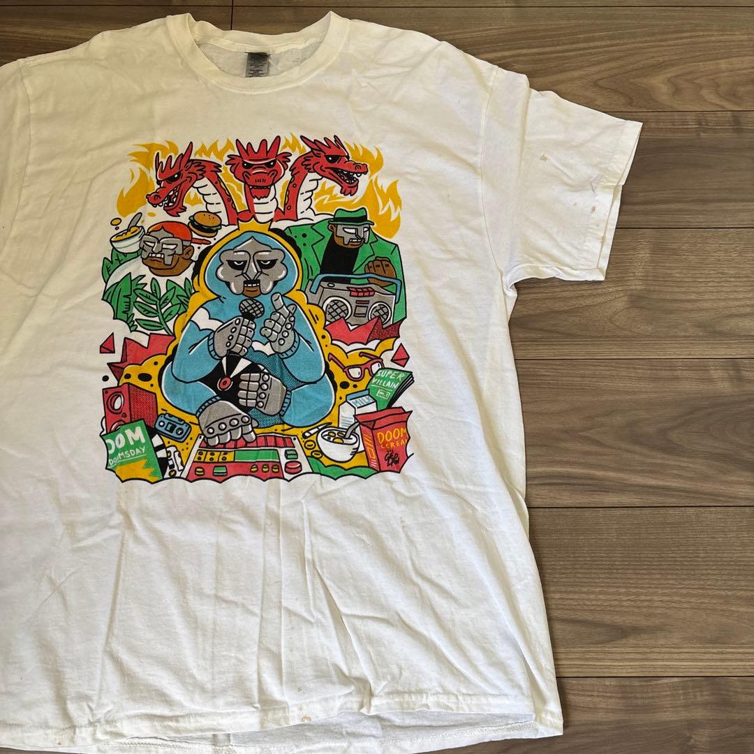 MFDOOMプリントTシャツホワイトビンテージラップ T HIPHOPXLサイズ