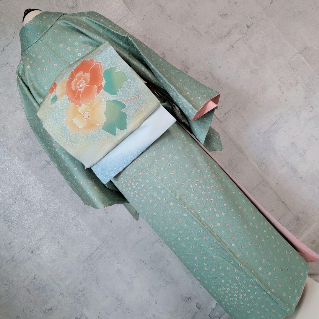 小紋　フルセット　着物　正絹　緑　可愛い　花　C1