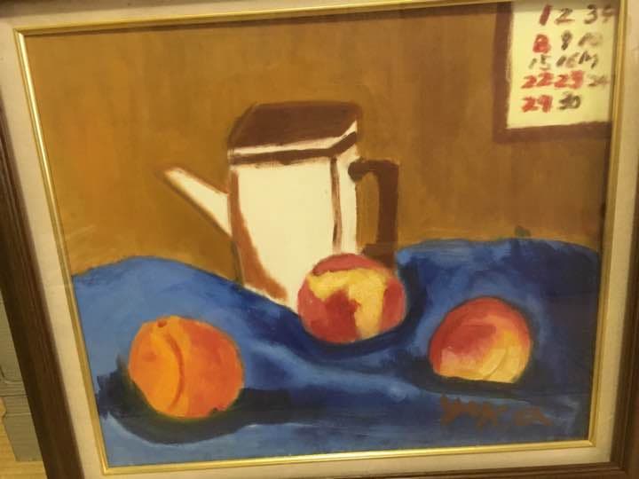 油絵 桃とティーポット