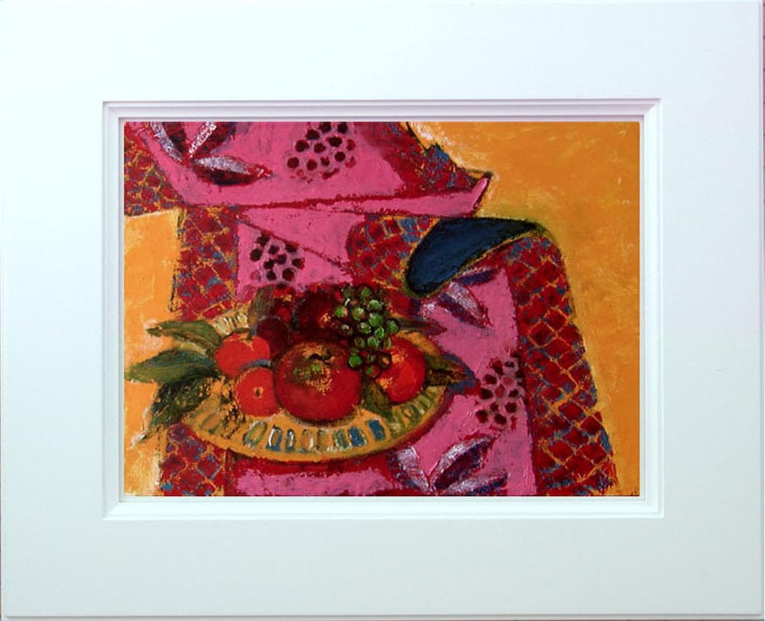 油絵 菅家令子 絵画インテリア 額付(青緑＋金色の枠)uF6-113902 果物