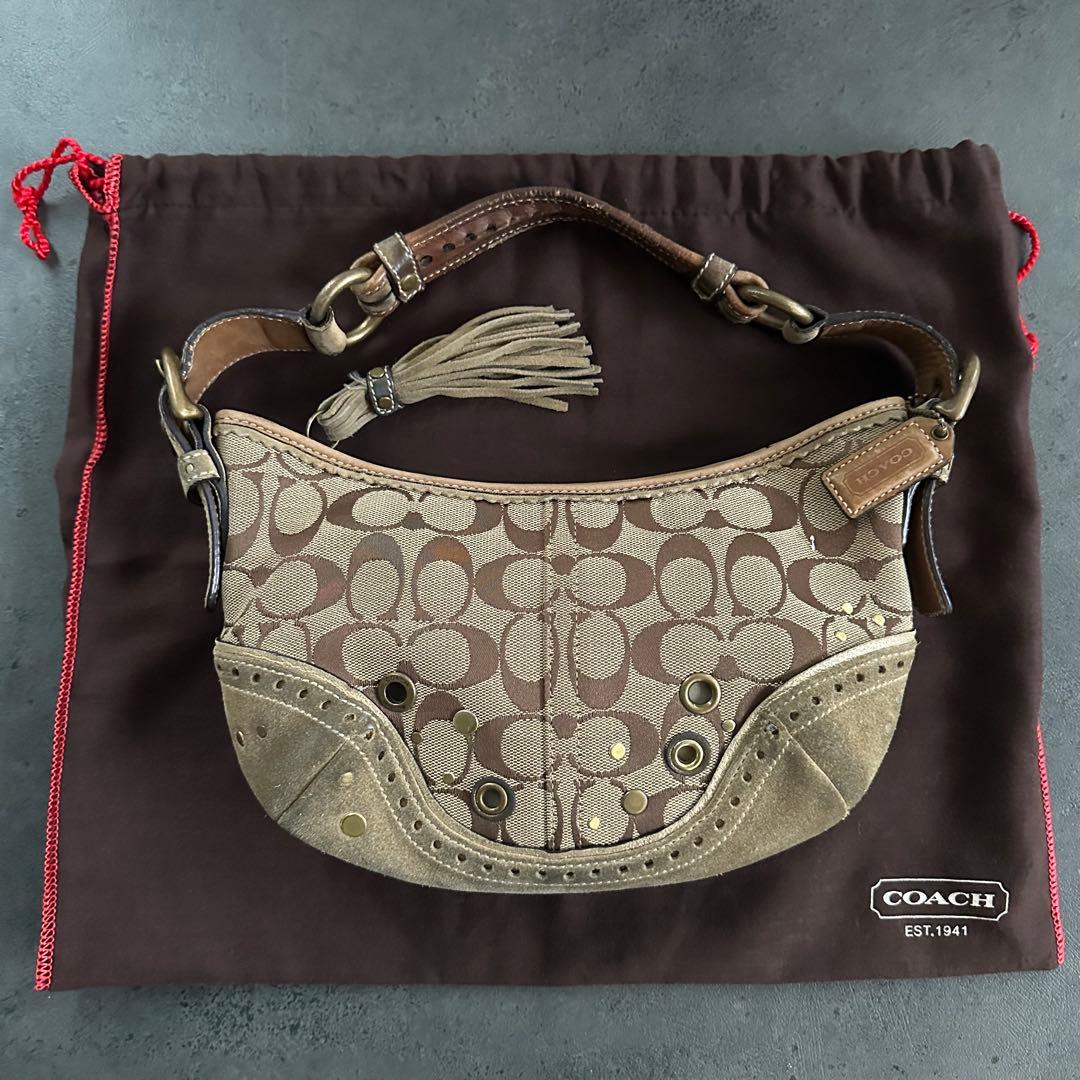 バッグ COACH Signature Suede Studded Hobo Bag