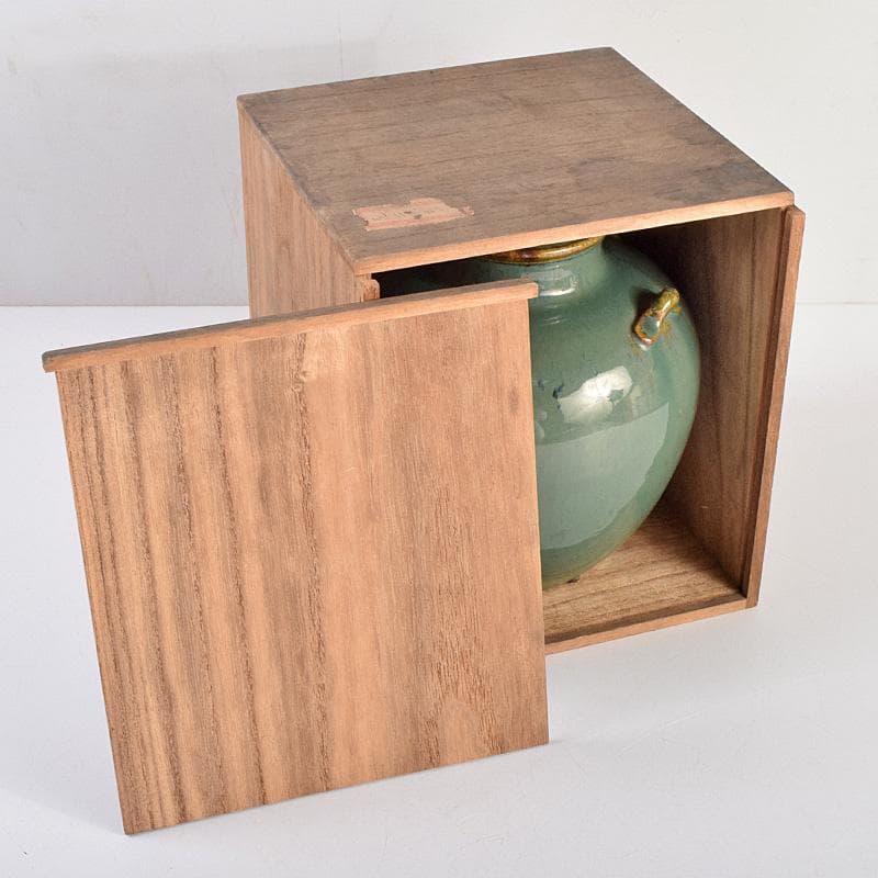 富山県　小杉焼　青磁　四耳壷形　花生　時代箱付　V　R9318