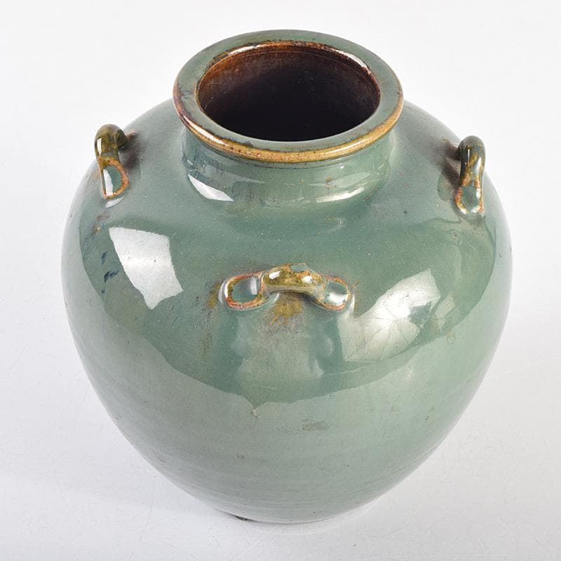 富山県　小杉焼　青磁　四耳壷形　花生　時代箱付　V　R9318