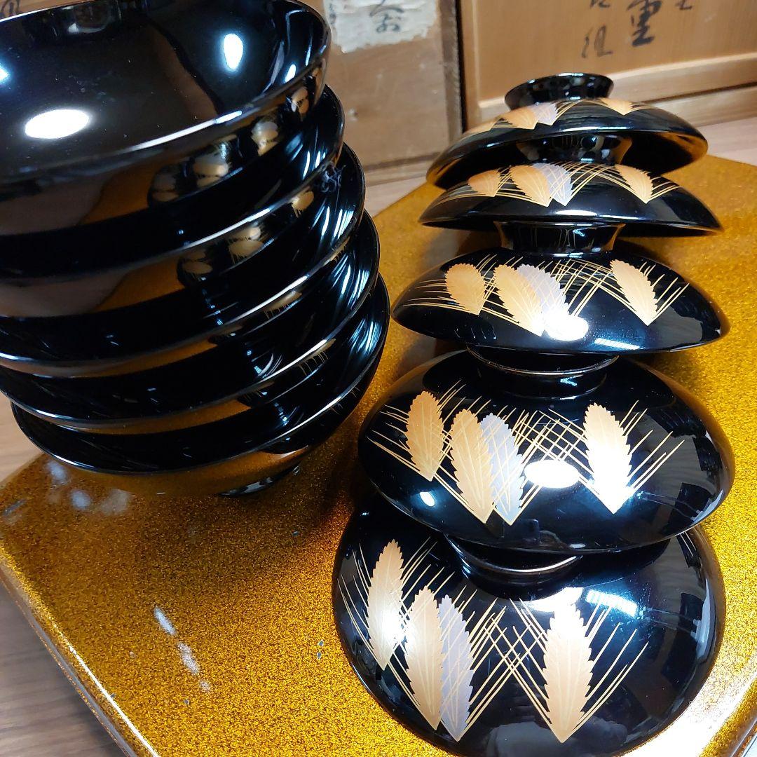 輪島黒塗金銀麦頭蒔絵椀五