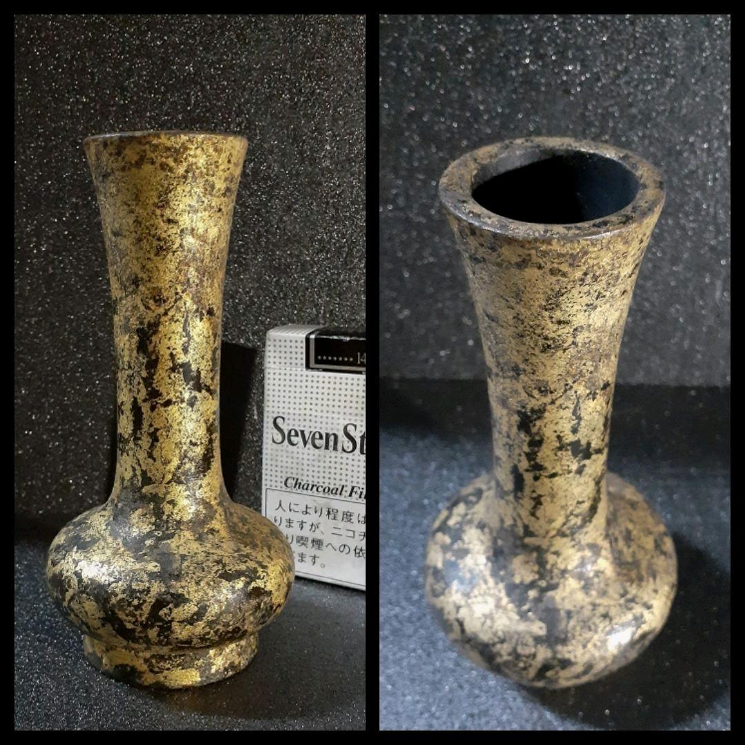 時代物　古銅　唐金　銅製　渡金　漆書き　筑前守銘　花押付き　花入れ