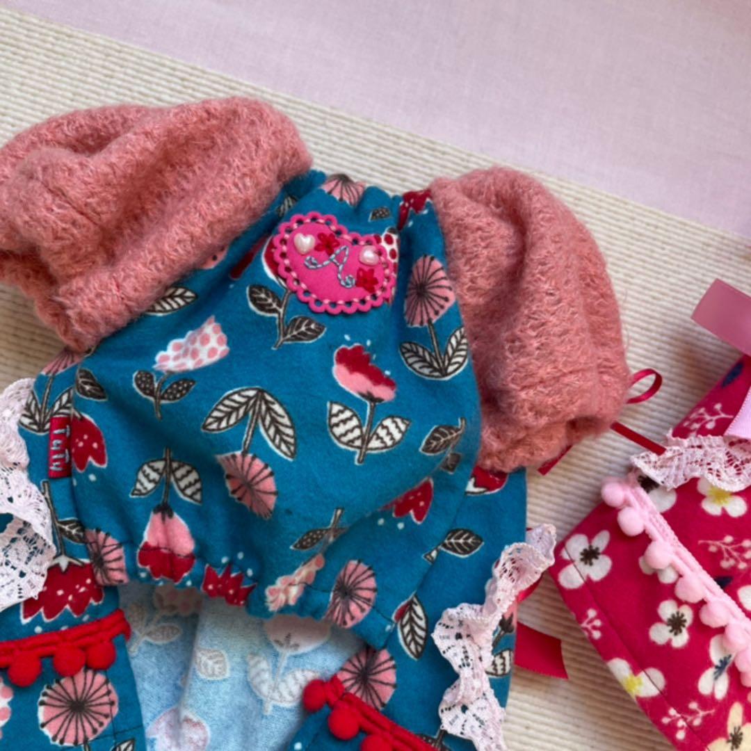昭和レトロチックな「あそび着」青色　犬服ハンドメイド　犬の洋服　∞TuTu∞