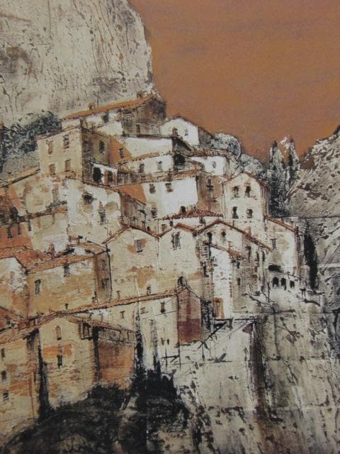 飯田史朗、【山峡の町】、希少な額装用画集より、新品額装付、状態良好