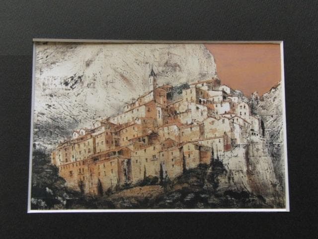 飯田史朗、【山峡の町】、希少な額装用画集より、新品額装付、状態良好