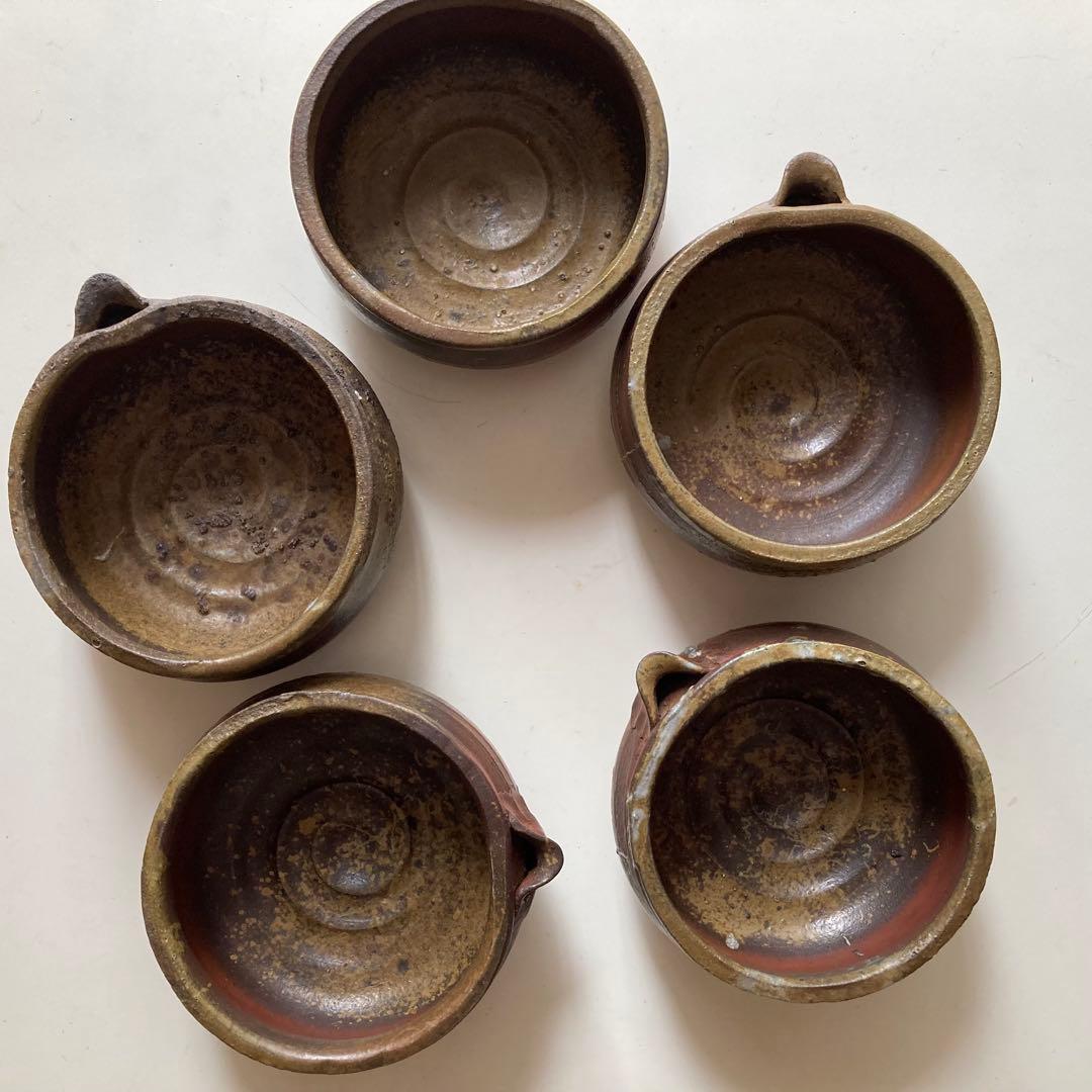 原田拾六　備前焼　向付　５客　共箱、陶歴、共布も５枚　抜群の上り