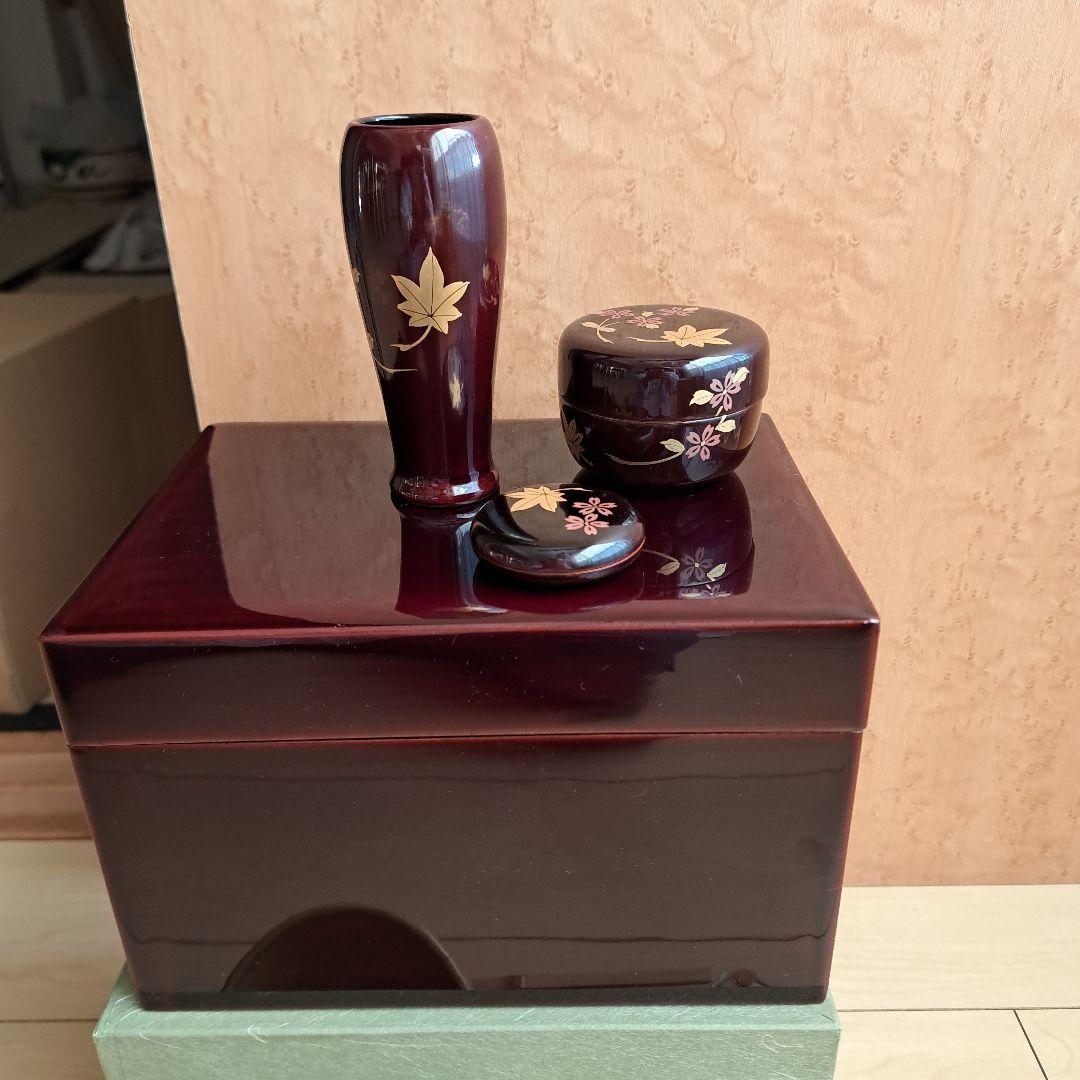 マリン　茶箱セット　溜塗+抹茶ふるい缶　龍村美術織物帛紗+足袋カバー