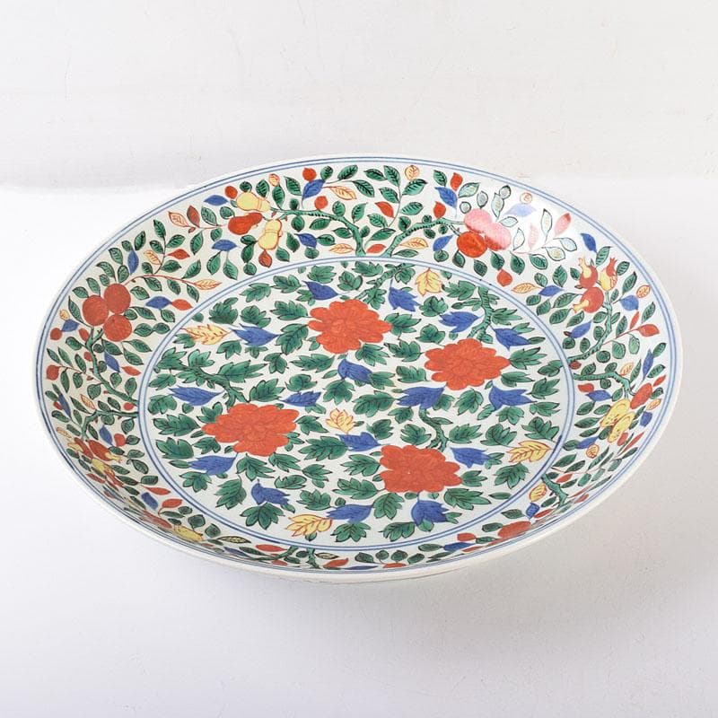 中国　大明萬暦年製　五彩花文　大皿　飾り皿　直径約39㎝　V　R7817C