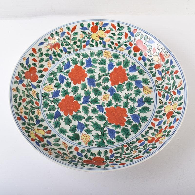 中国　大明萬暦年製　五彩花文　大皿　飾り皿　直径約39㎝　V　R7817C